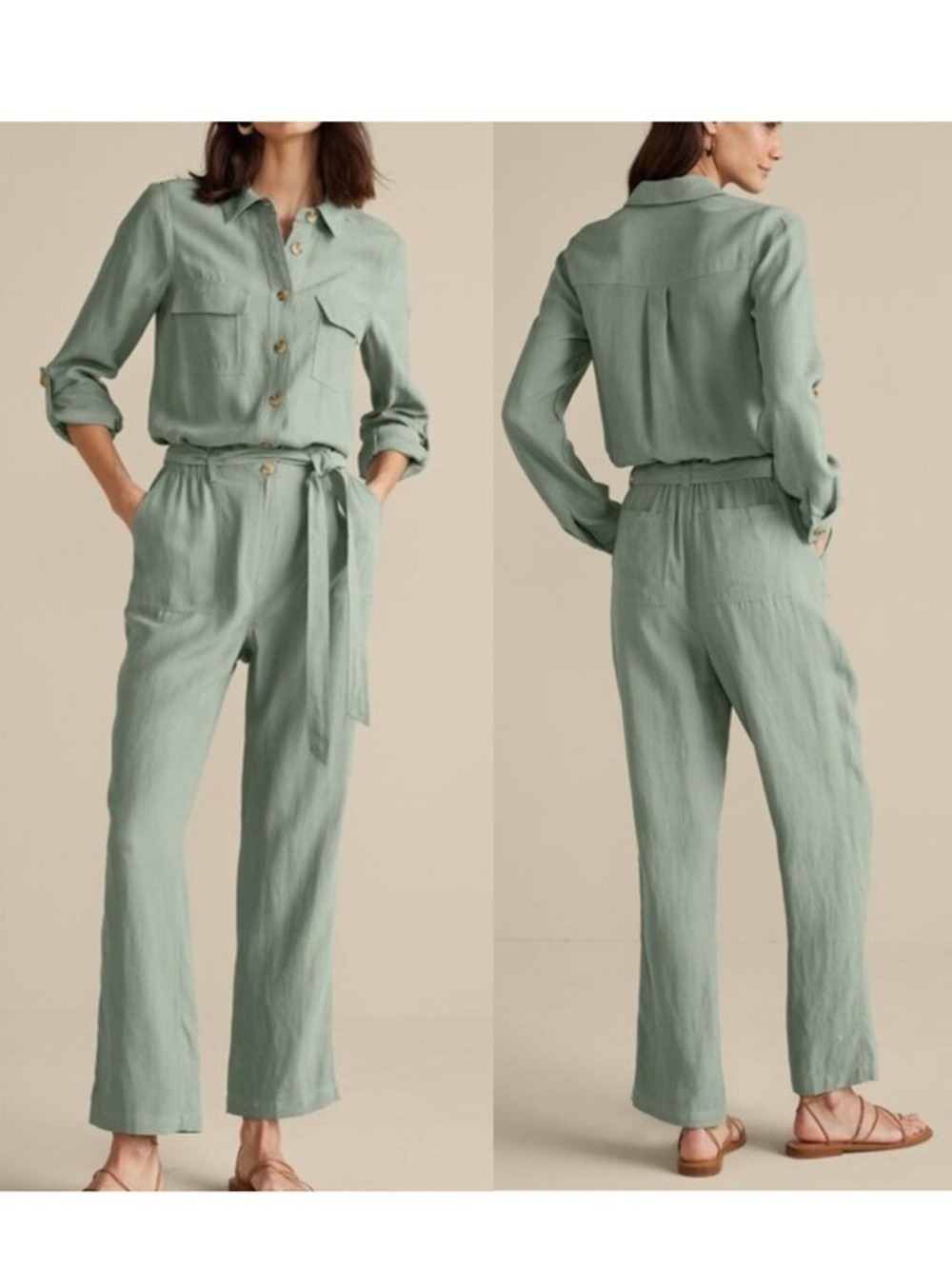 NEW Soft Surroundings Kerry Jumpsuit Size 18W Green Milieu Relaxed Linen Blend